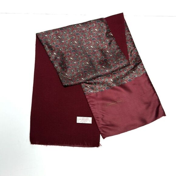 Christian Dior Men’s Reversible Doubted Scarf Silk Wool Burgundy Paisley Vintage - Picture 4 of 9